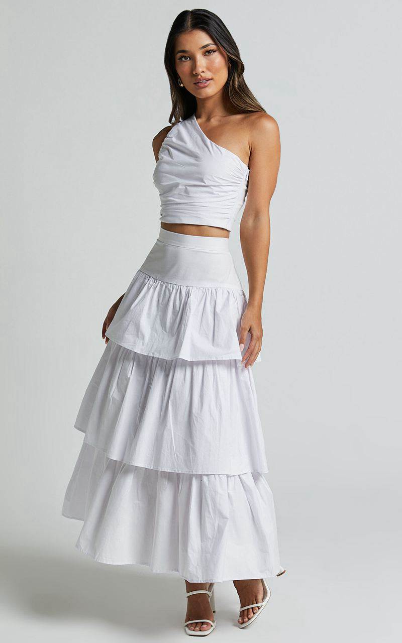 Showpo Kaycie Two Piece Set - One Shoulder Asymmetrical Ruched Top And Tiered Midi Skirt Set White | JEQKPH298