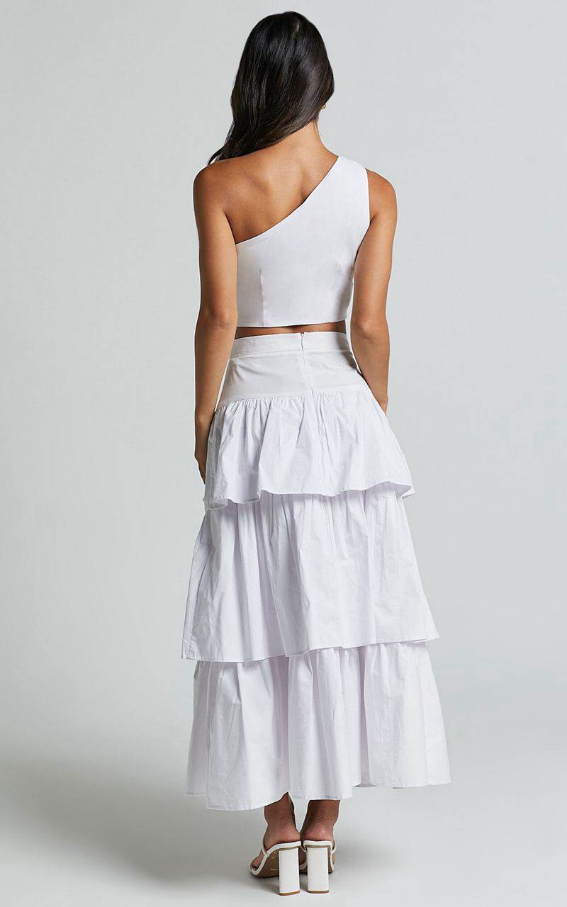 Showpo Kaycie Two Piece Set - One Shoulder Asymmetrical Ruched Top And Tiered Midi Skirt Set White | JEQKPH298