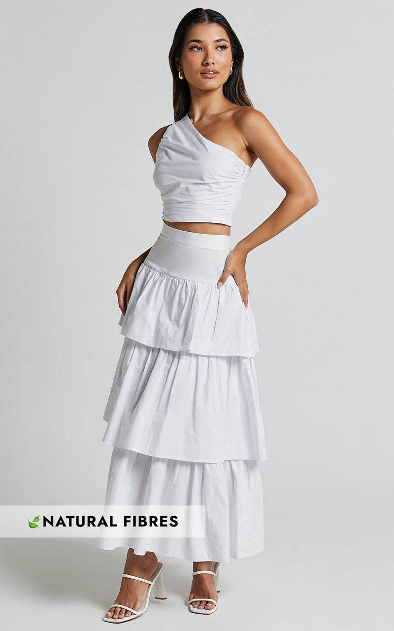 Showpo Kaycie Two Piece Set - One Shoulder Asymmetrical Ruched Top And Tiered Midi Skirt Set White | JEQKPH298