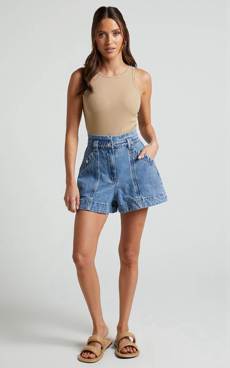 Showpo Kayla Denim Shorts - High Waisted A Line Denim Shorts Mid Blue Wash | MCJZGA120