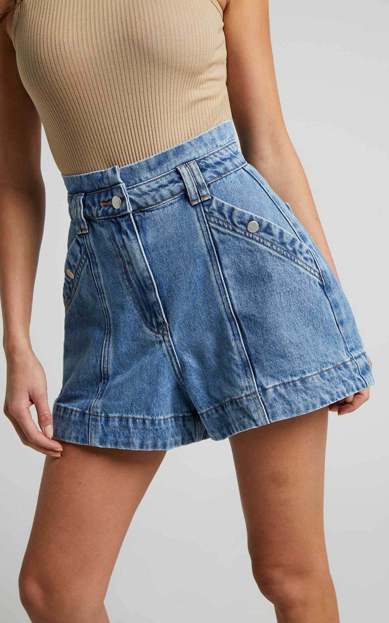 Showpo Kayla Denim Shorts - High Waisted A Line Denim Shorts Mid Blue Wash | MCJZGA120