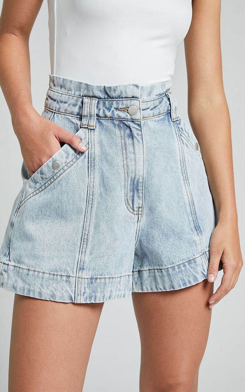 Showpo Kayla Denim Shorts - High Waisted A Line Denim Shorts Light Blue Wash | UVQSFY385