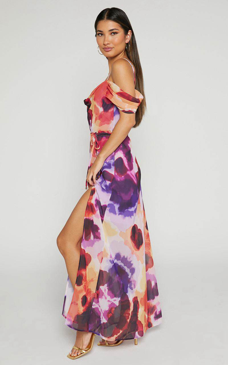 Showpo Keira Midi Dress - Draped Off The Shoulder Dress Watercolour Floral | FNQRVL417