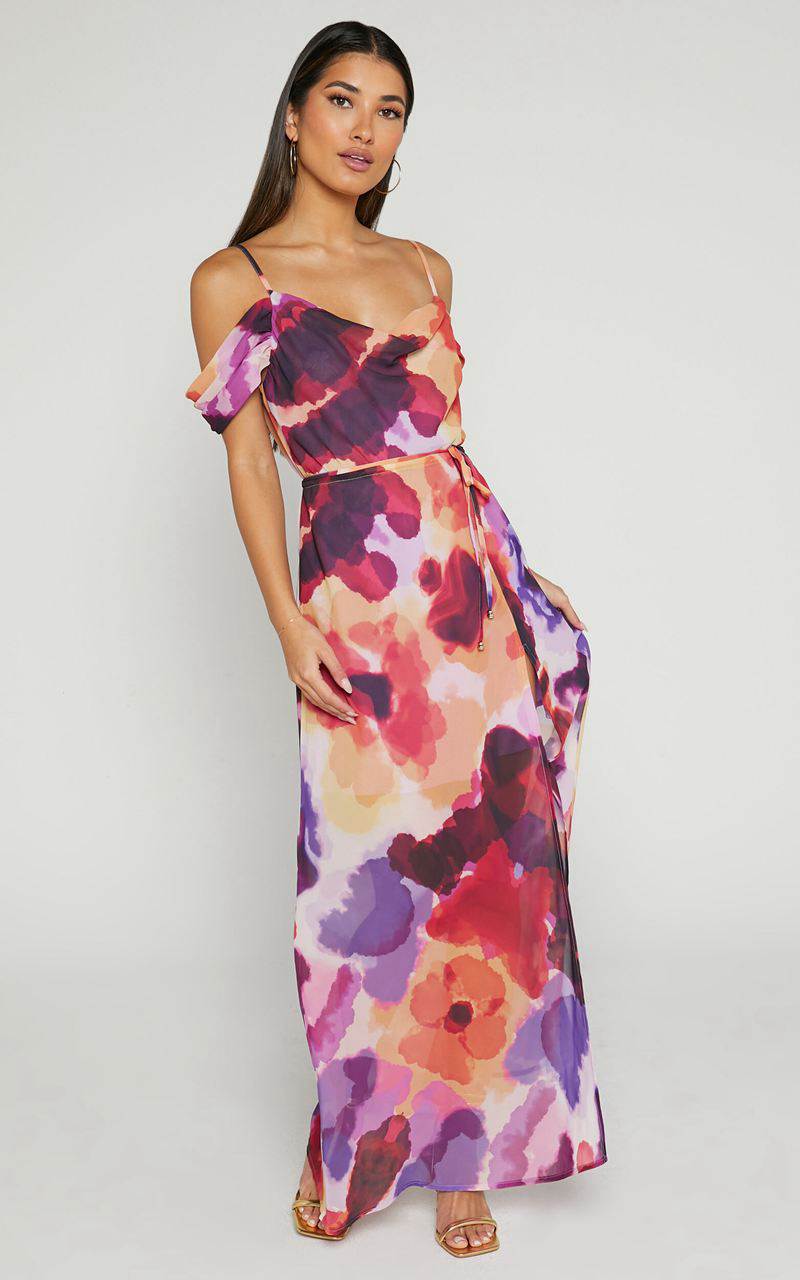 Showpo Keira Midi Dress - Draped Off The Shoulder Dress Watercolour Floral | FNQRVL417