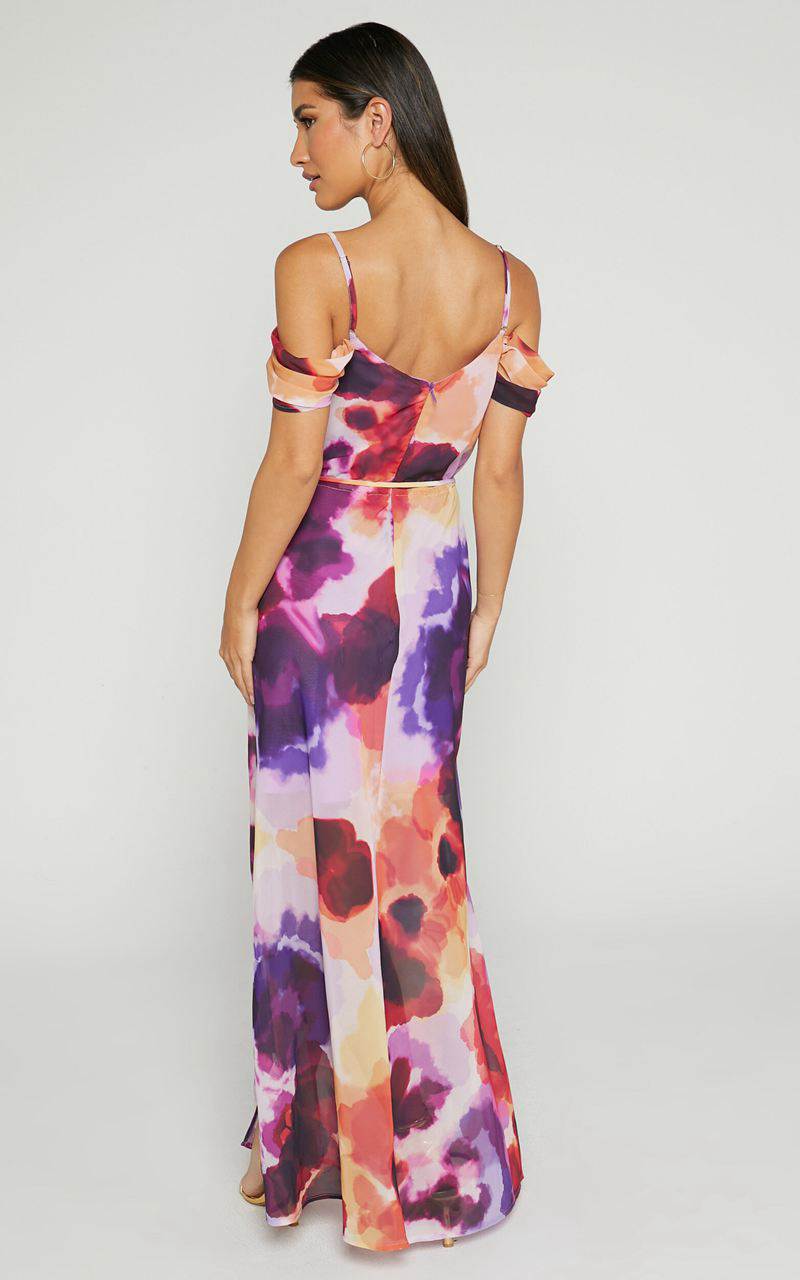 Showpo Keira Midi Dress - Draped Off The Shoulder Dress Watercolour Floral | FNQRVL417