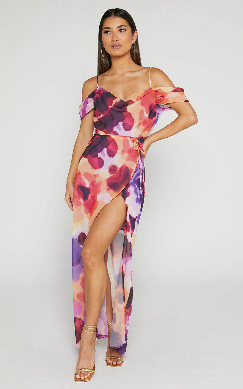 Showpo Keira Midi Dress - Draped Off The Shoulder Dress Watercolour Floral | FNQRVL417