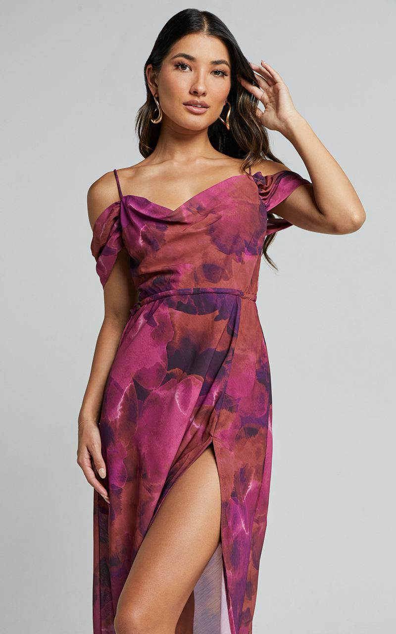 Showpo Keira Midi Dress - Draped Off The Shoulder Dress Electric Cloud - Purple | TQDJEL714