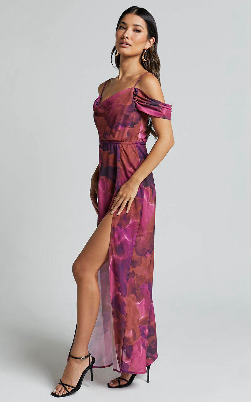 Showpo Keira Midi Dress - Draped Off The Shoulder Dress Electric Cloud - Purple | TQDJEL714