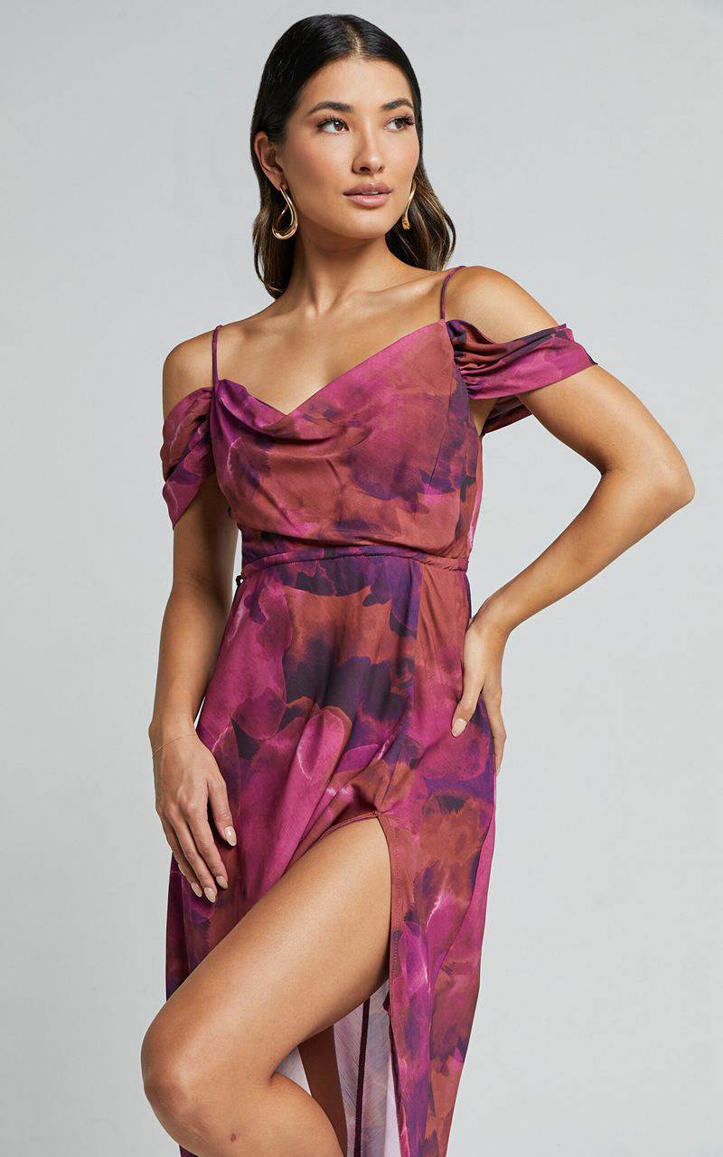 Showpo Keira Midi Dress - Draped Off The Shoulder Dress Electric Cloud - Purple | TQDJEL714