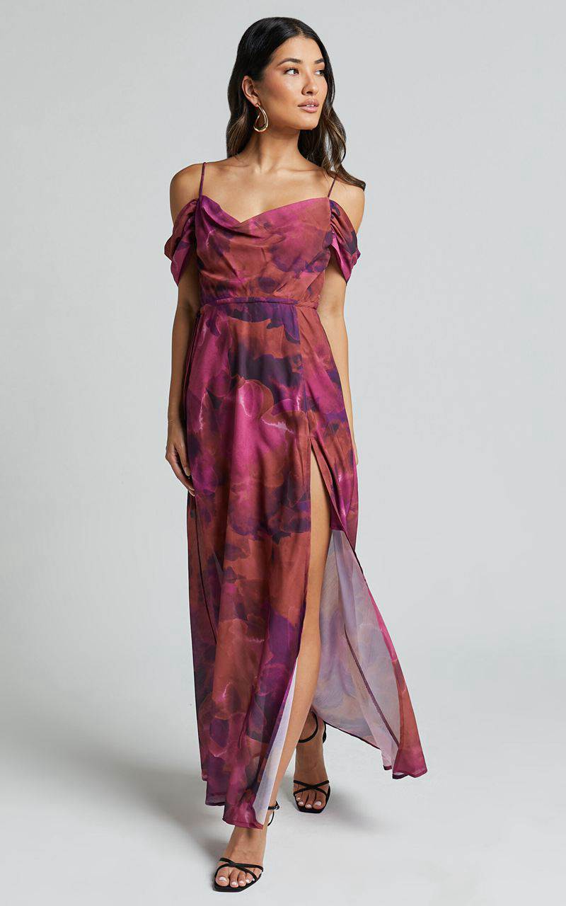 Showpo Keira Midi Dress - Draped Off The Shoulder Dress Electric Cloud - Purple | TQDJEL714