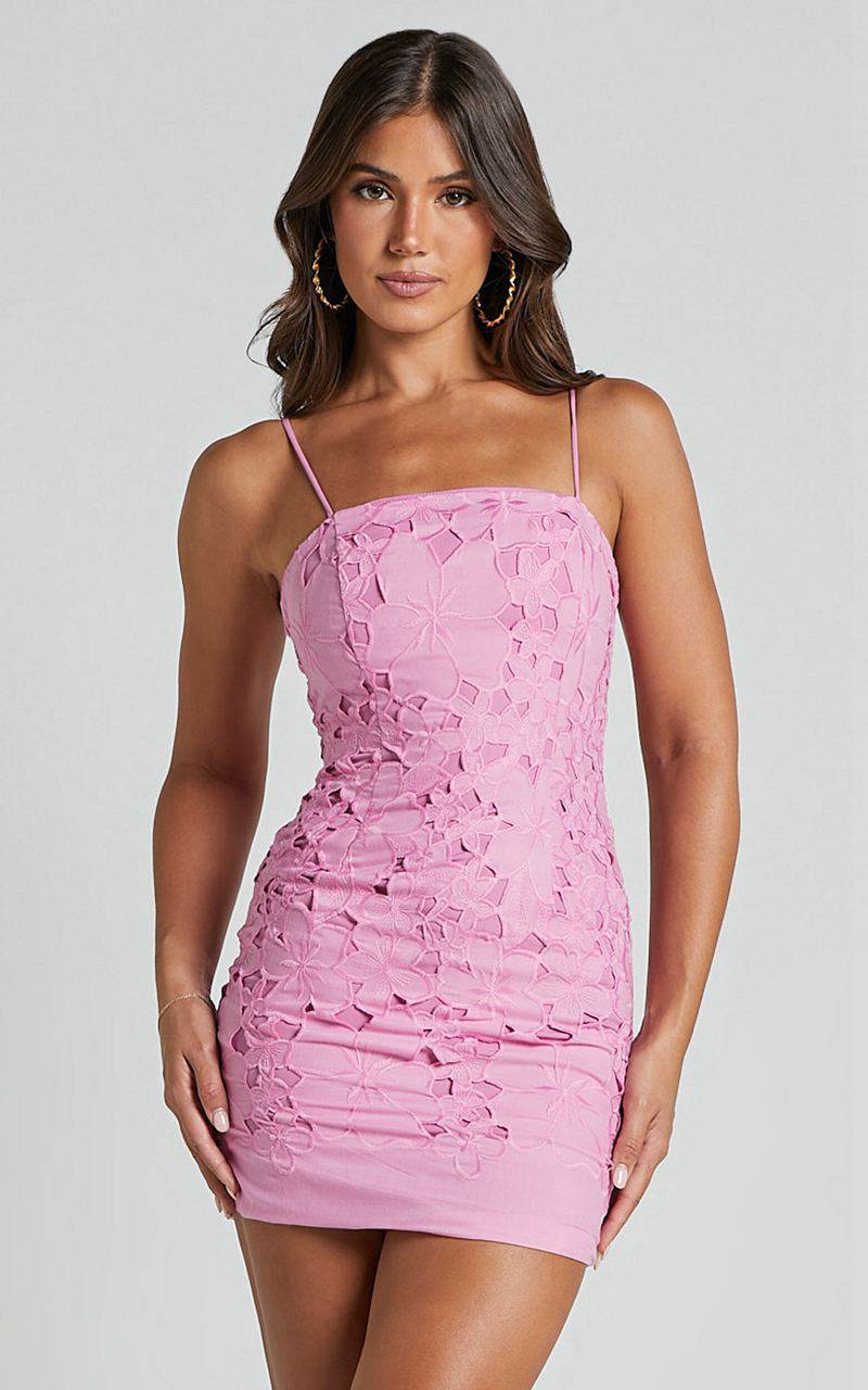 Showpo Kellie Mini Dress - Strappy Embroidered Lace Dress Pink | KGAFIU876