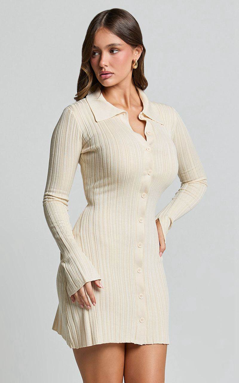 Showpo Kelsey Mini Dress - Button Through Long Sleeve Knit Dress Cream | TLVYZW372