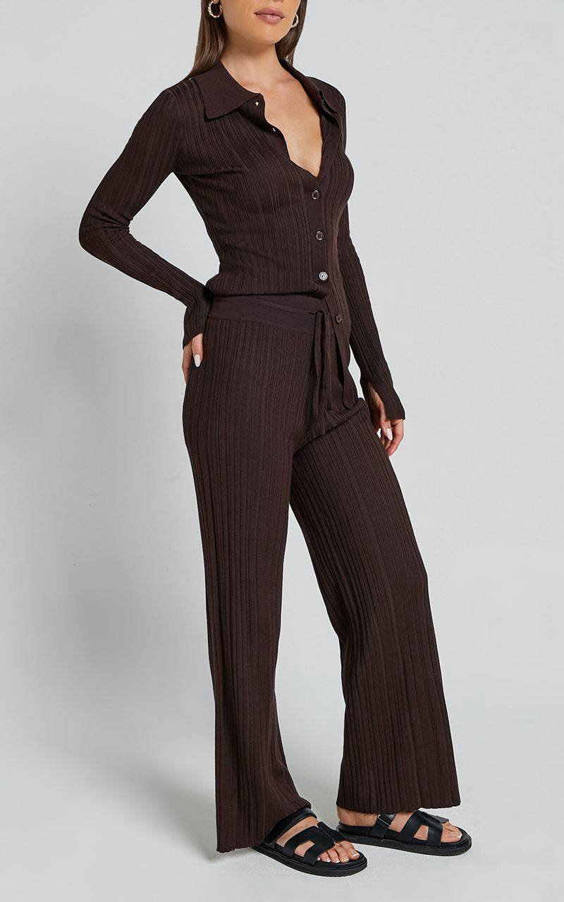 Showpo Kelsey Pants - High Drawstring Waist Knit Pants Chocolate | WAHQPI401