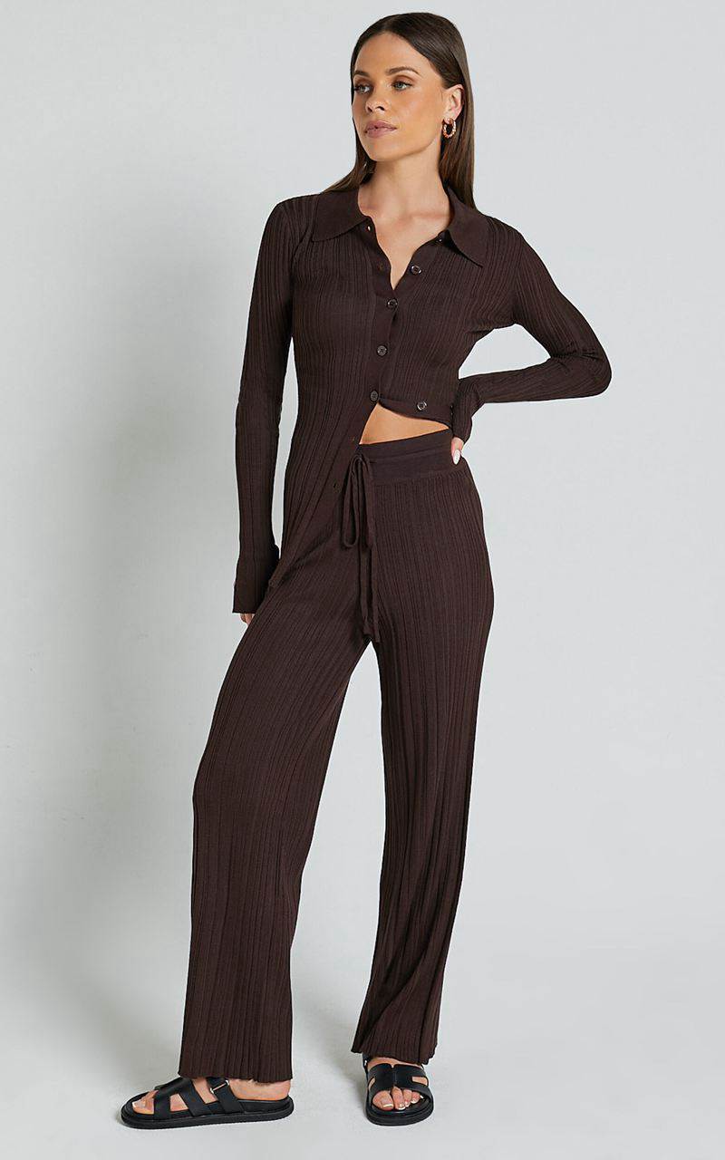 Showpo Kelsey Pants - High Drawstring Waist Knit Pants Chocolate | WAHQPI401