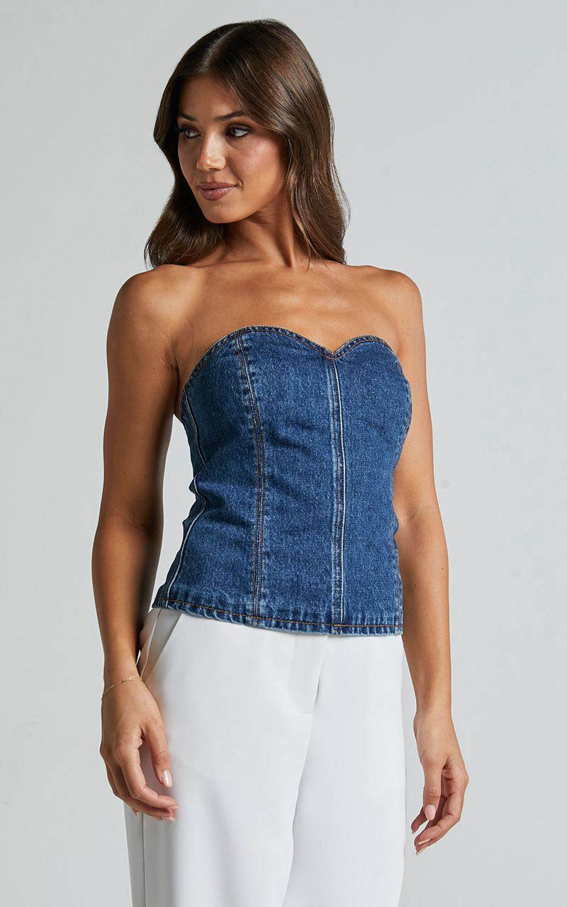 Showpo Kendra Top - Denim Bustier Sweetheart Neck Strapless Corset Dark Wash | XZUVFG962