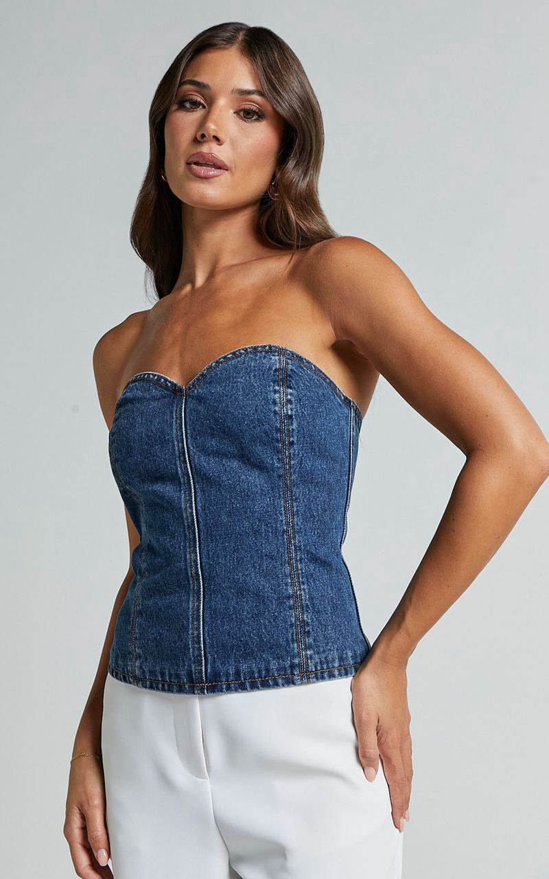 Showpo Kendra Top - Denim Bustier Sweetheart Neck Strapless Corset Dark Wash | XZUVFG962