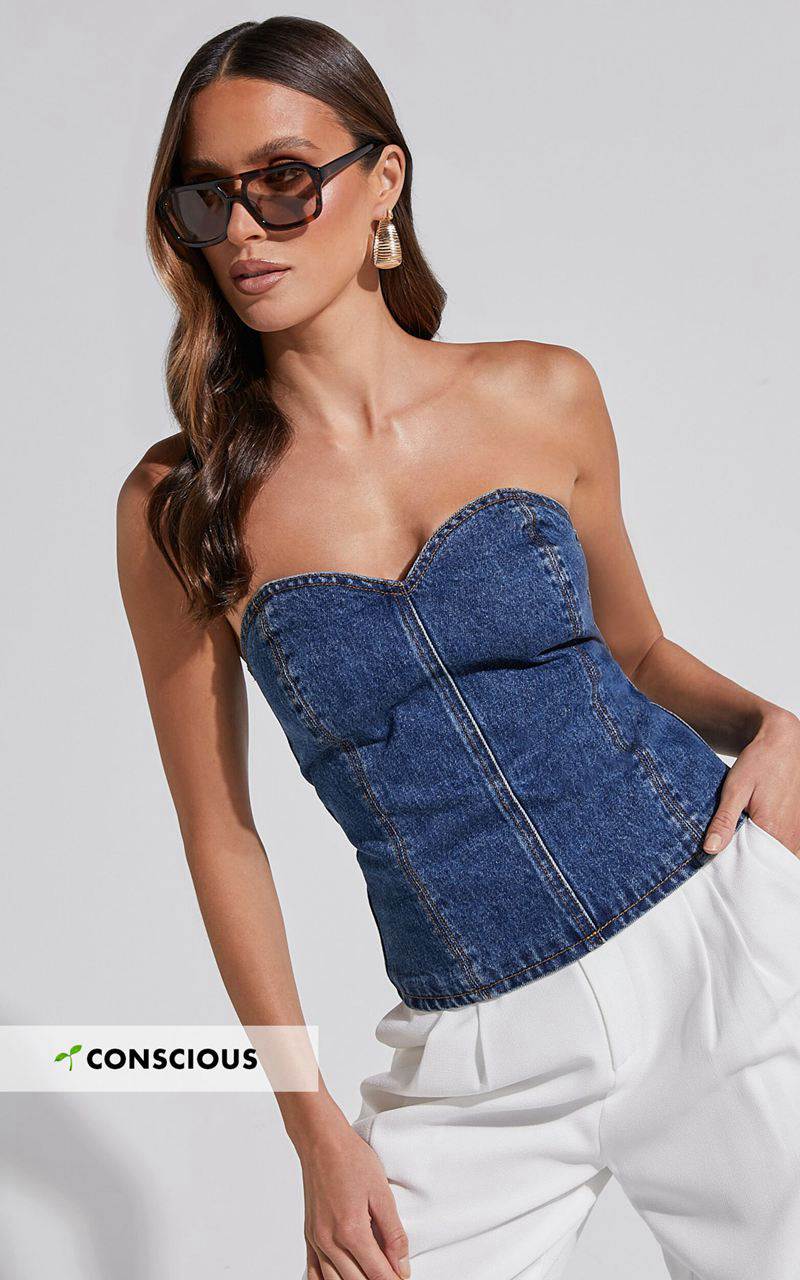 Showpo Kendra Top - Denim Bustier Sweetheart Neck Strapless Corset Dark Wash | XZUVFG962