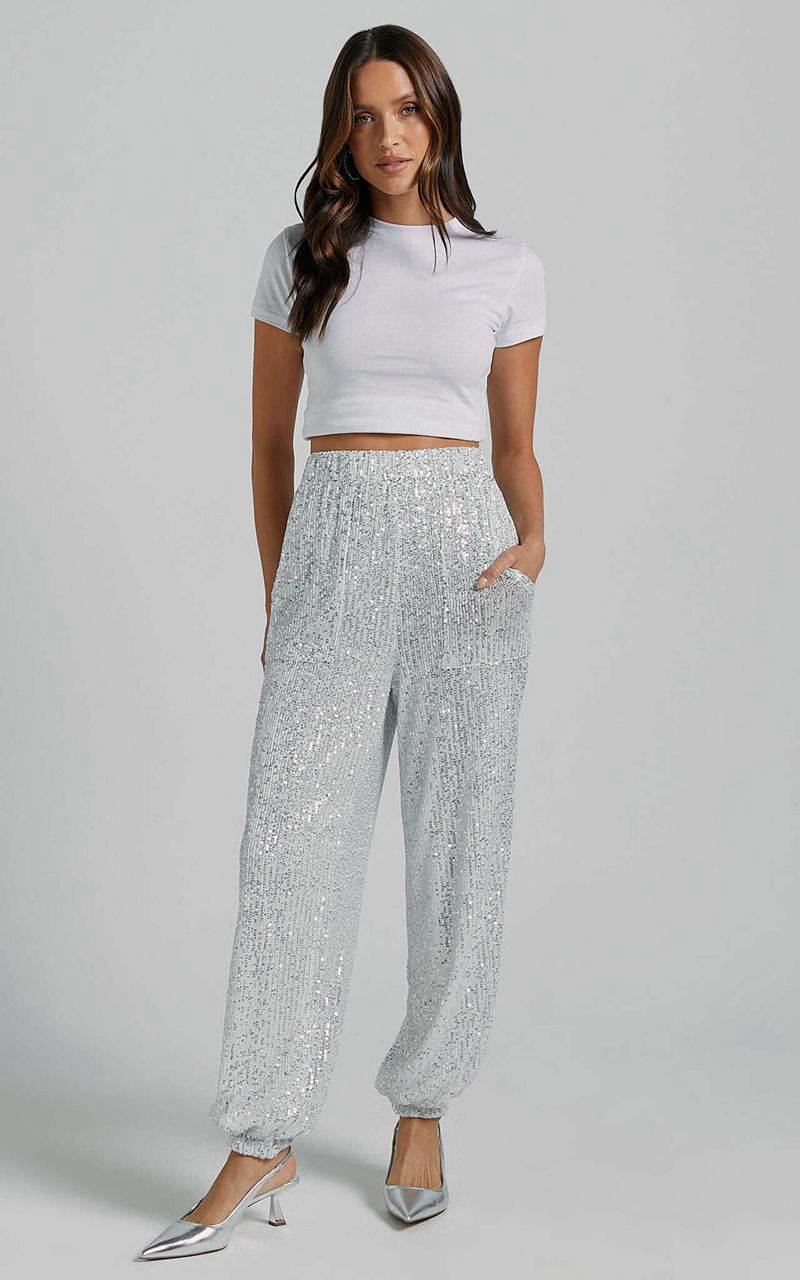 Showpo Kendrick Pant - Elasticated High Waist Sequin Jogger Silver | QHRFKD206