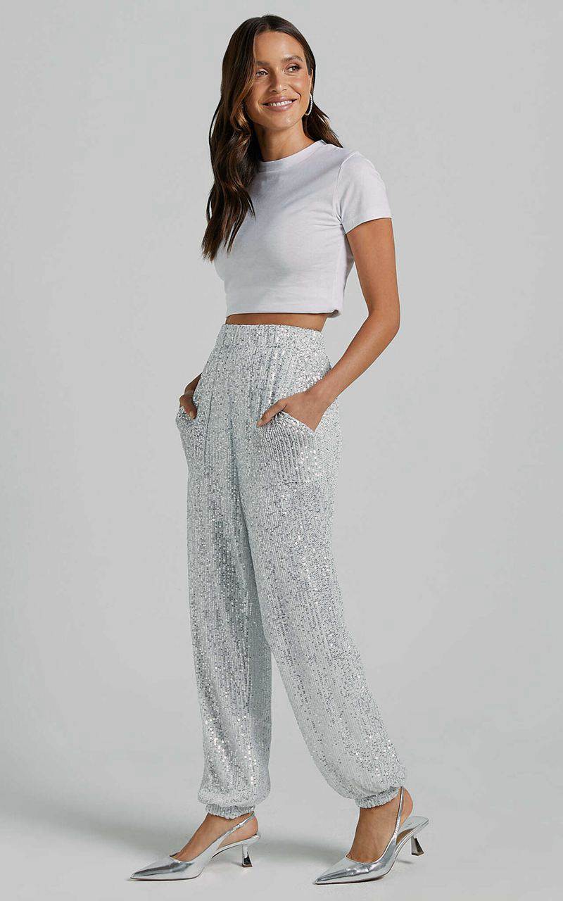 Showpo Kendrick Pant - Elasticated High Waist Sequin Jogger Silver | QHRFKD206