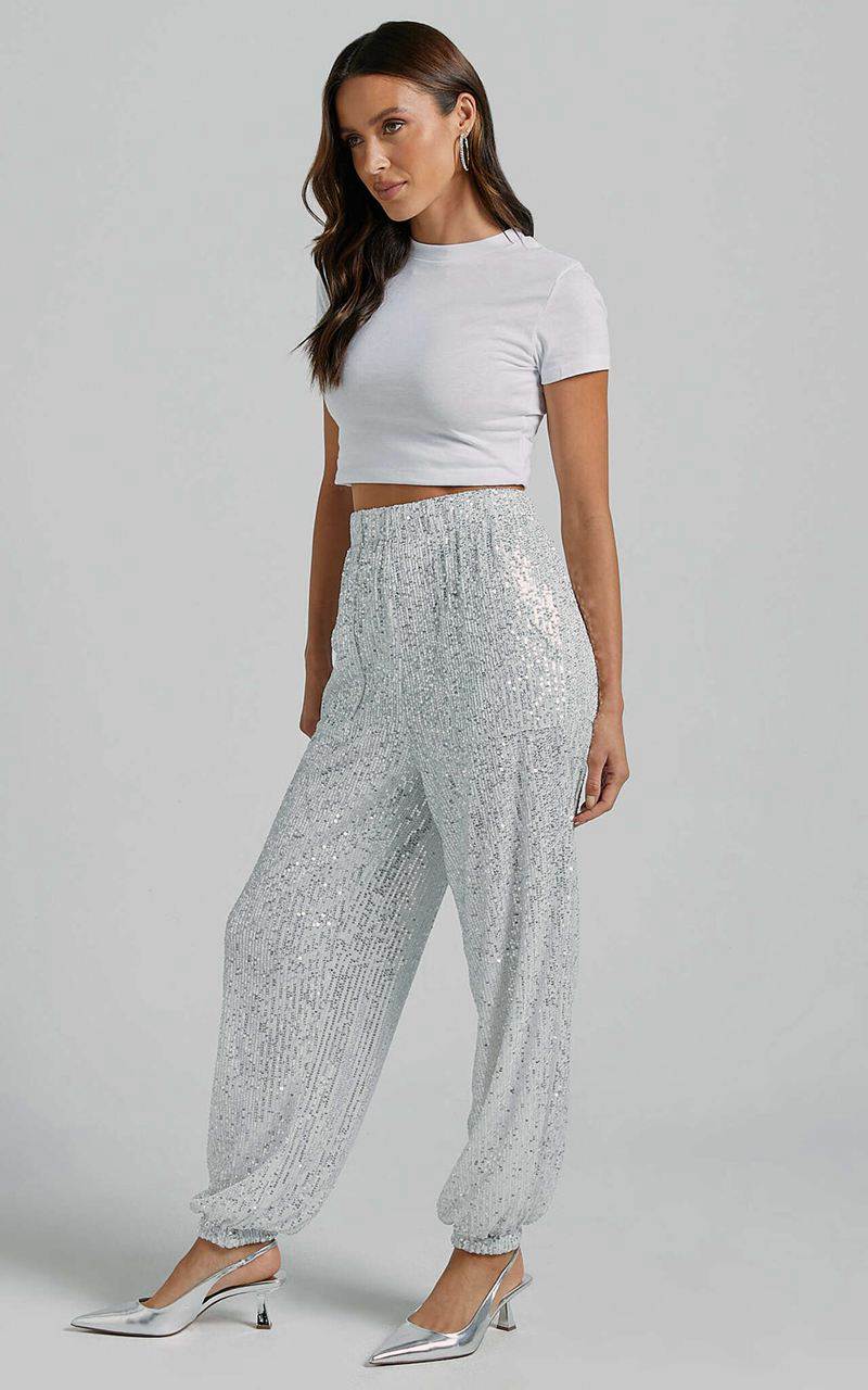 Showpo Kendrick Pant - Elasticated High Waist Sequin Jogger Silver | QHRFKD206