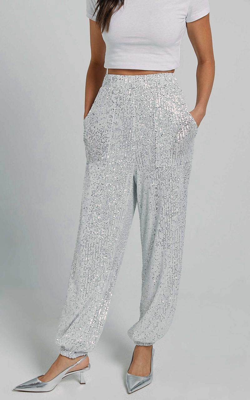 Showpo Kendrick Pant - Elasticated High Waist Sequin Jogger Silver | QHRFKD206