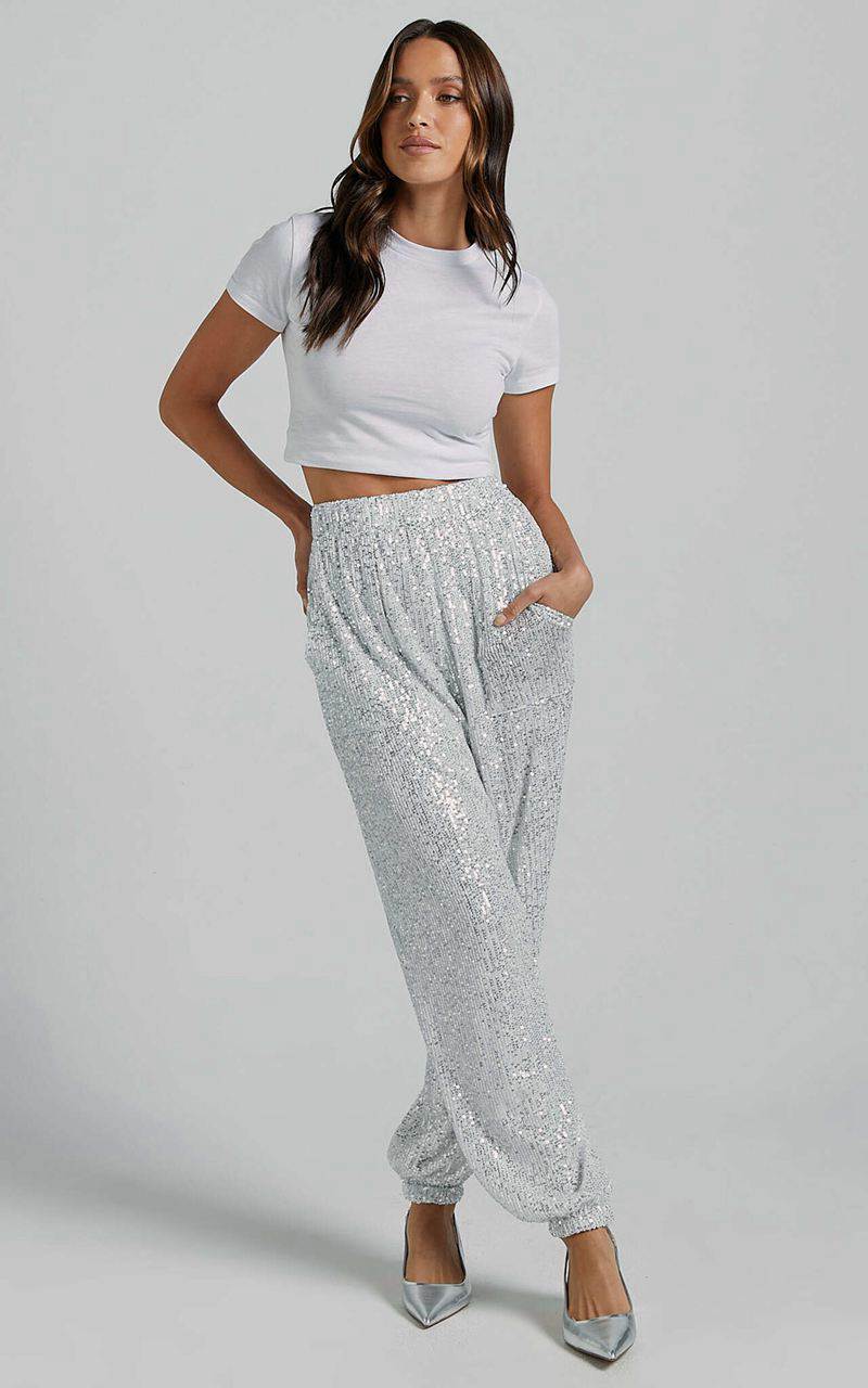 Showpo Kendrick Pant - Elasticated High Waist Sequin Jogger Silver | QHRFKD206