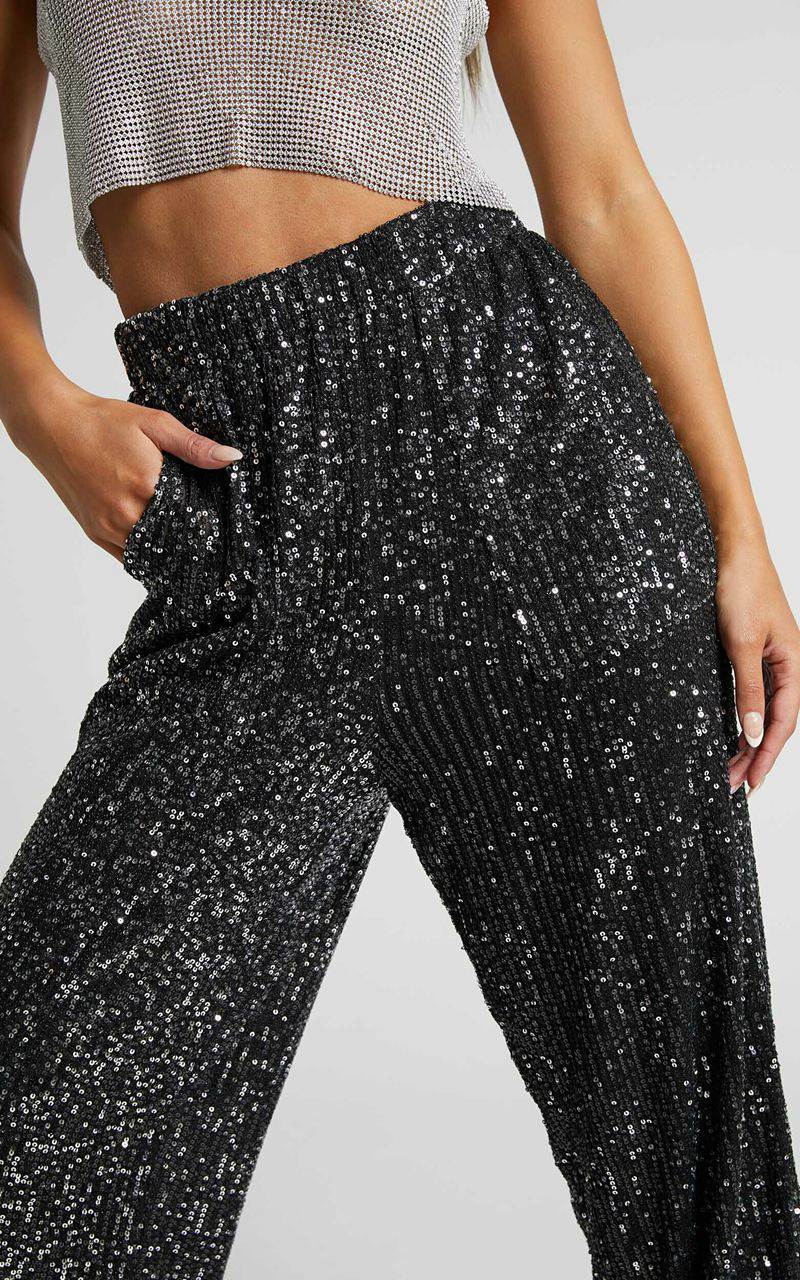 Showpo Kendrick Pant - Elasticated High Waist Sequin Jogger Black | CWIMGB309