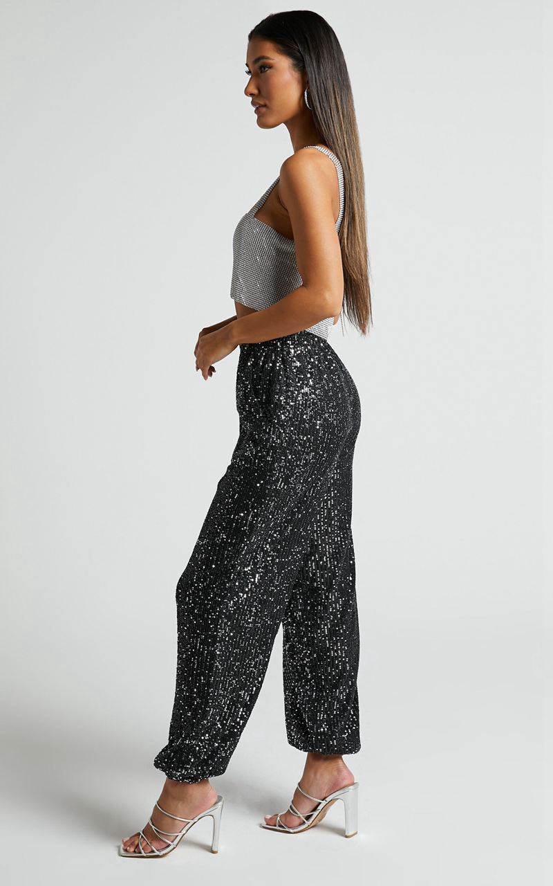 Showpo Kendrick Pant - Elasticated High Waist Sequin Jogger Black | CWIMGB309