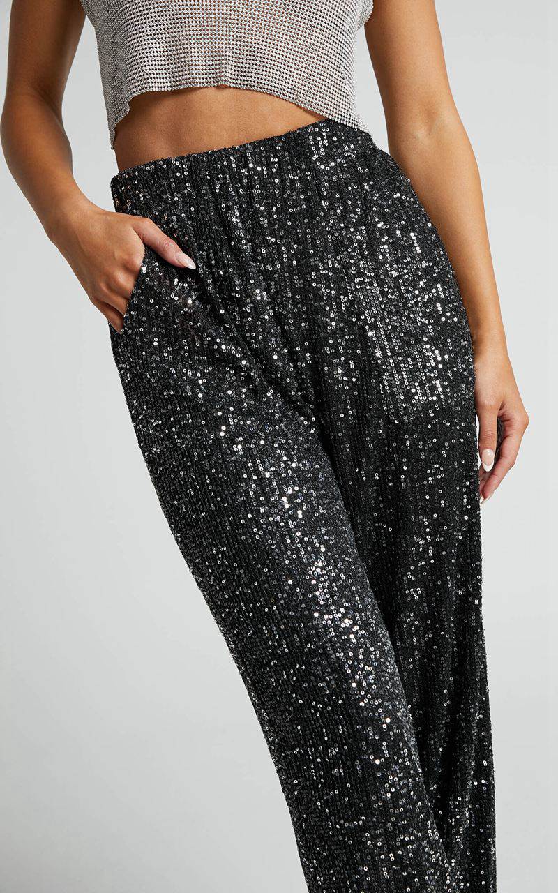 Showpo Kendrick Pant - Elasticated High Waist Sequin Jogger Black | CWIMGB309