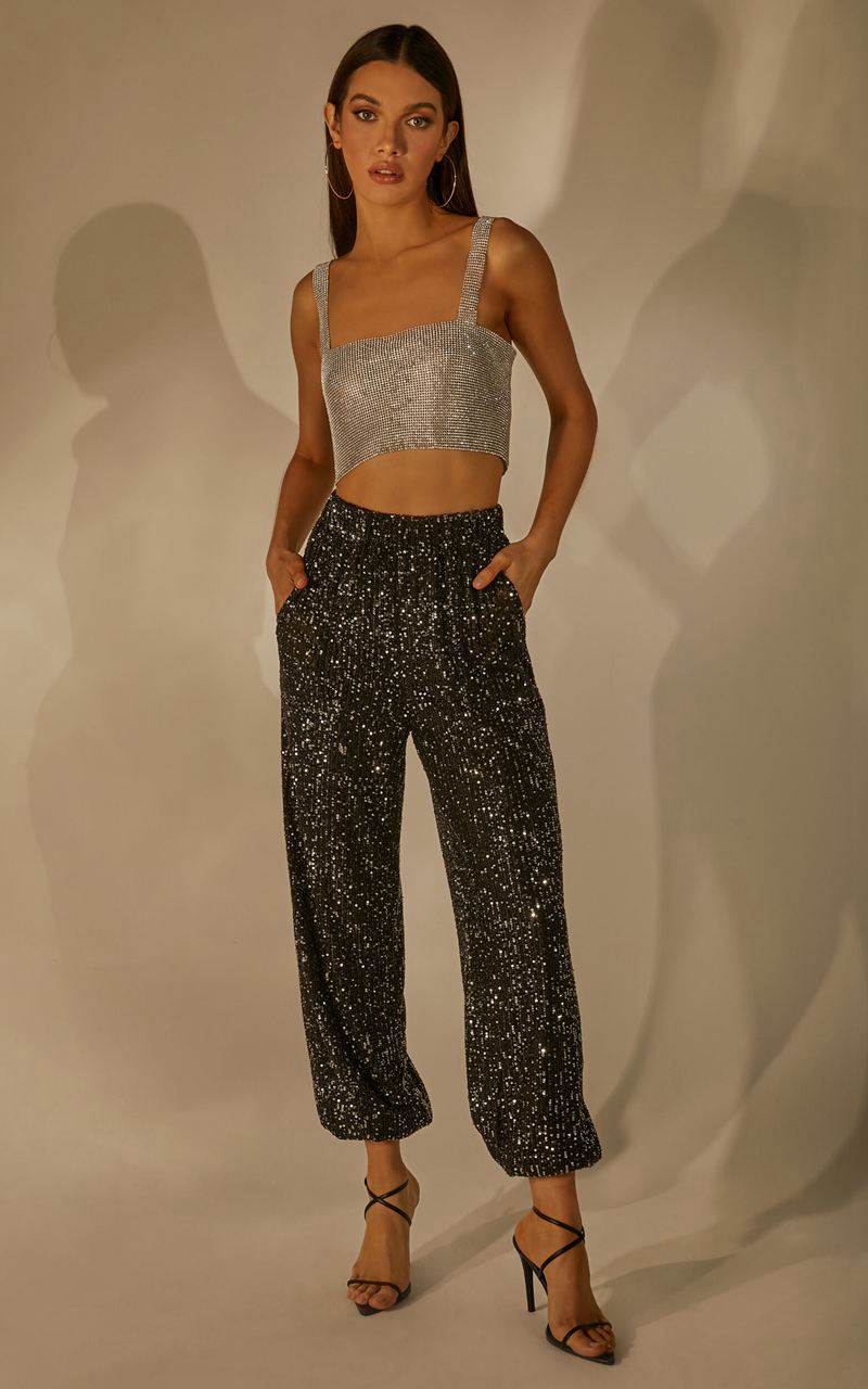 Showpo Kendrick Pant - Elasticated High Waist Sequin Jogger Black | CWIMGB309