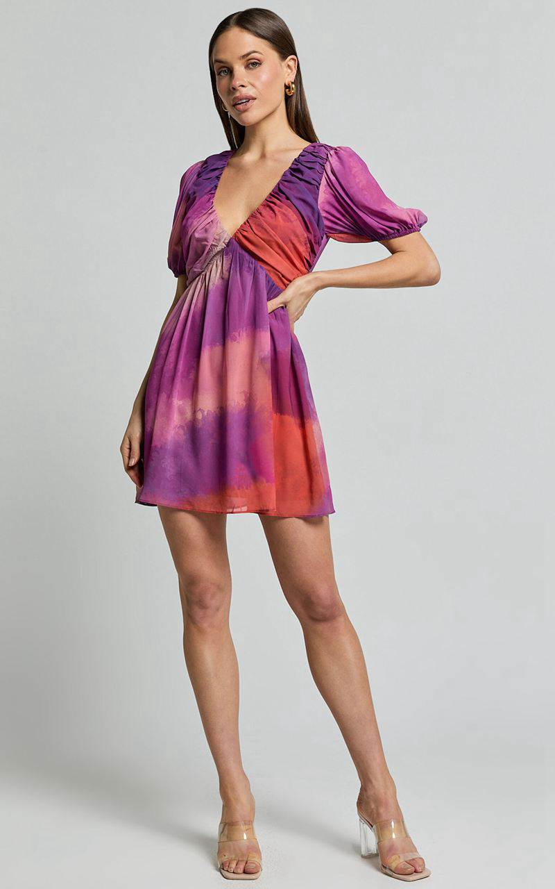 Showpo Kennedy Mini Dress - Recycled Polyester V Neck Puff Sleeve Dress Coral Mirage Print | MFOTZH825