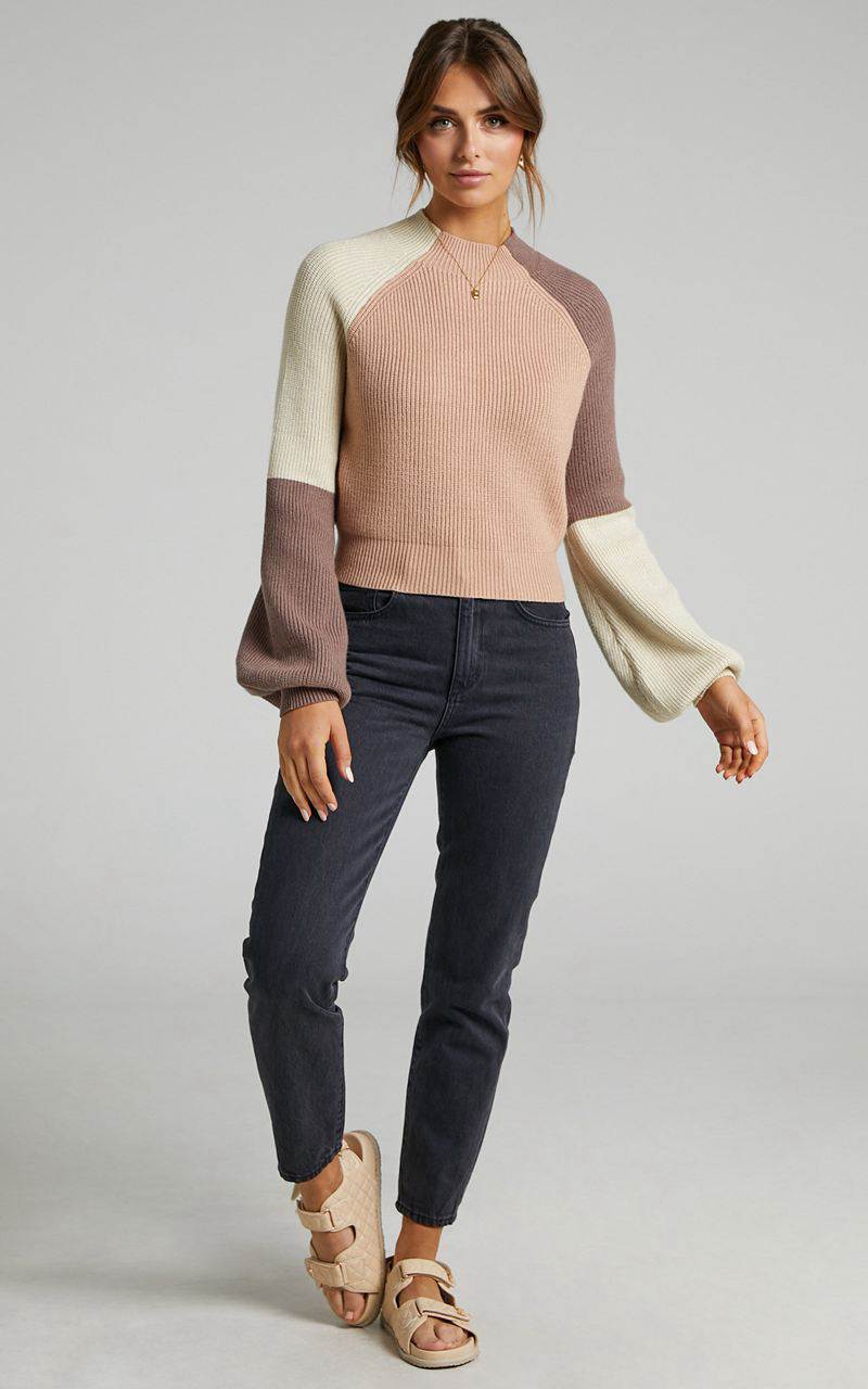 Showpo Kensley Jumper - Colour Block Turtleneck Balloon Sleeve Knit Jumper Beige | MQGRNK357