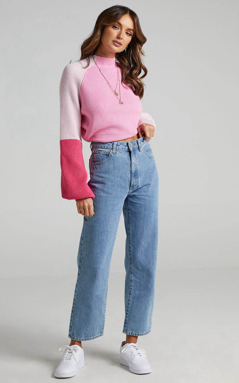 Showpo Kensley Jumper - Colour Block Turtleneck Balloon Sleeve Knit Jumper Pink | POUSDK269