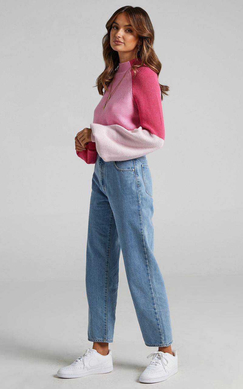 Showpo Kensley Jumper - Colour Block Turtleneck Balloon Sleeve Knit Jumper Pink | POUSDK269