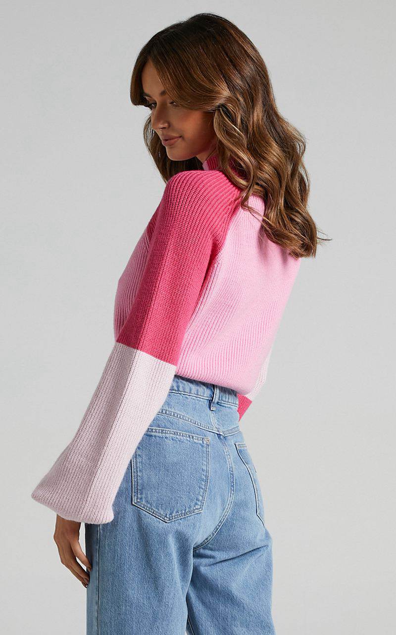 Showpo Kensley Jumper - Colour Block Turtleneck Balloon Sleeve Knit Jumper Pink | POUSDK269