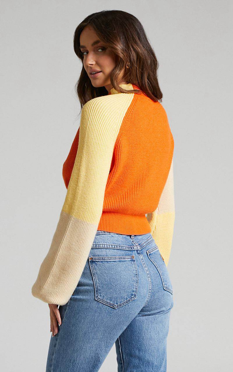 Showpo Kensley Jumper - Colour Block Turtleneck Balloon Sleeve Knit Jumper Orange | AVYSXE208