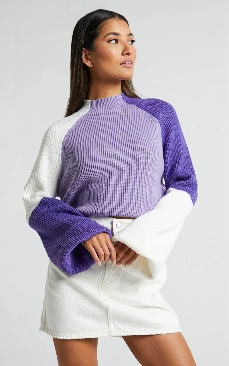 Showpo Kensley Jumper - Colour Block Turtleneck Balloon Sleeve Knit Jumper Lilac | DZJFRM983