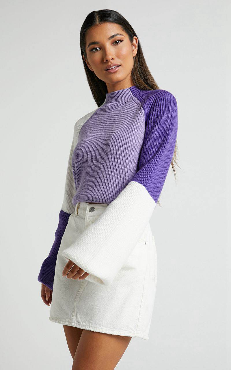 Showpo Kensley Jumper - Colour Block Turtleneck Balloon Sleeve Knit Jumper Lilac | DZJFRM983