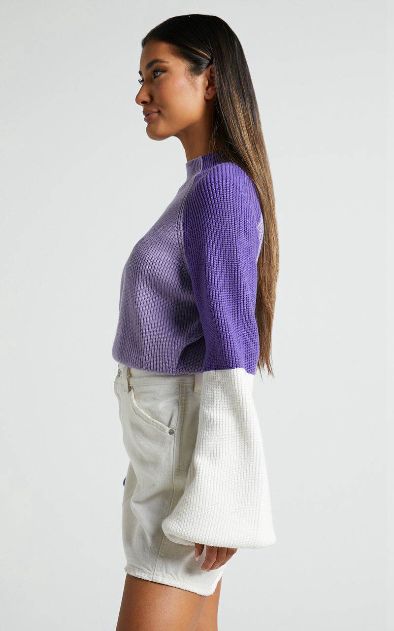 Showpo Kensley Jumper - Colour Block Turtleneck Balloon Sleeve Knit Jumper Lilac | DZJFRM983