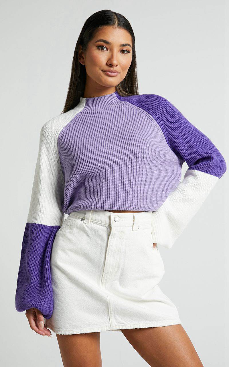 Showpo Kensley Jumper - Colour Block Turtleneck Balloon Sleeve Knit Jumper Lilac | DZJFRM983