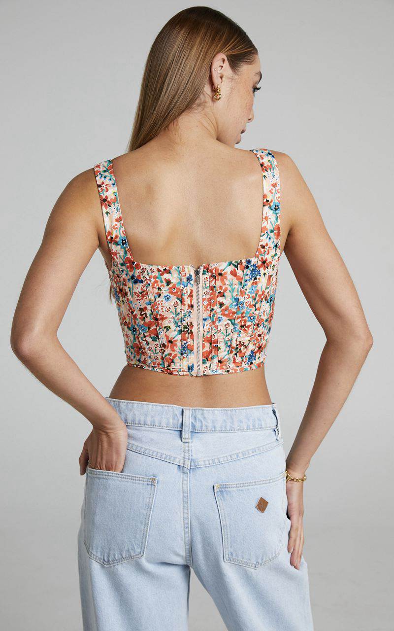 Showpo Keriana Top - Square Neck Cropped Corset White Rust Blue Floral | KYLANB679