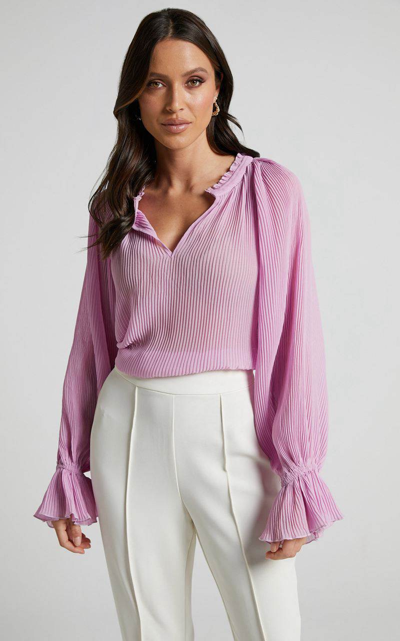 Showpo Kerray Top - V Neck Long Sleeve Pleated Top Lilac | MIYRSZ051