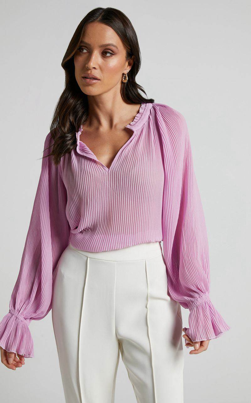 Showpo Kerray Top - V Neck Long Sleeve Pleated Top Lilac | MIYRSZ051