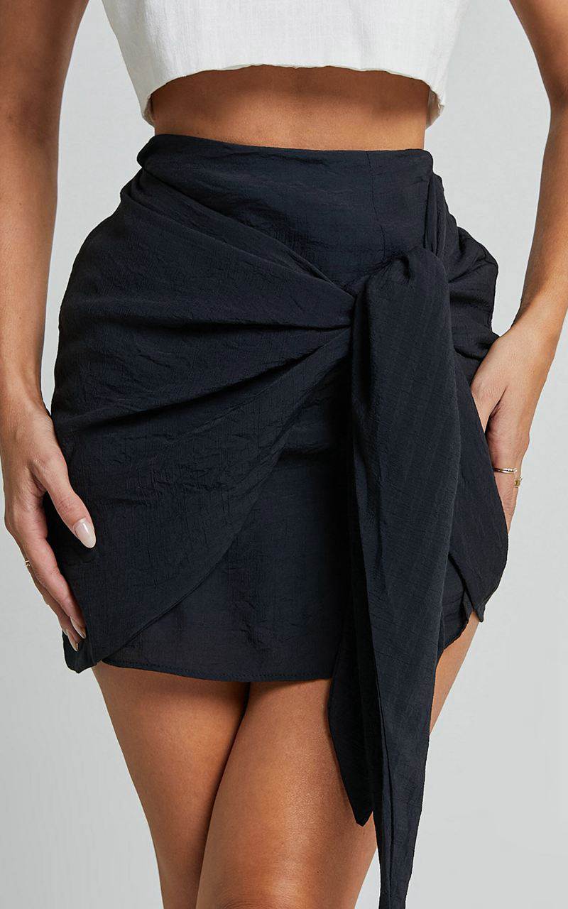 Showpo Kerzi Mini Skirt - Tie Front Wrap Skirt Black | ACDBTQ681