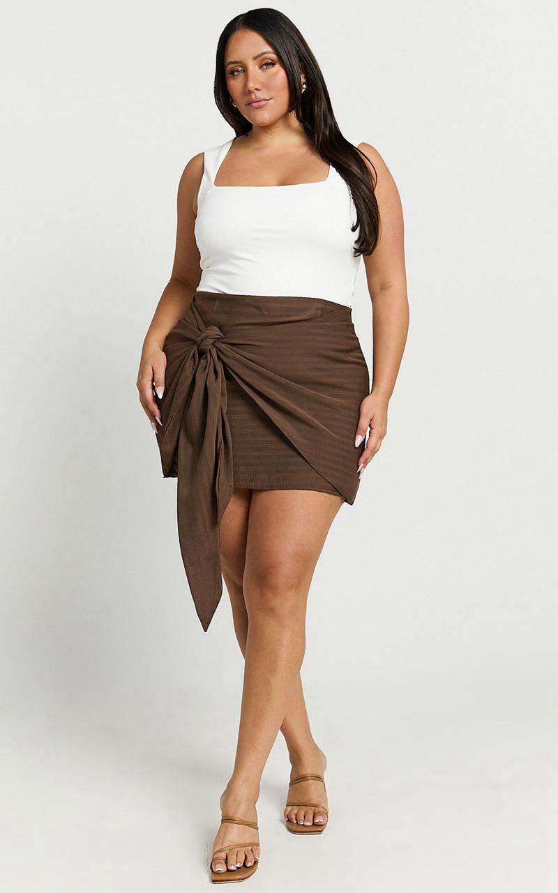 Showpo Kerzi Mini Skirt - Tie Front Wrap Skirt Dark Brown | YHPCSE179