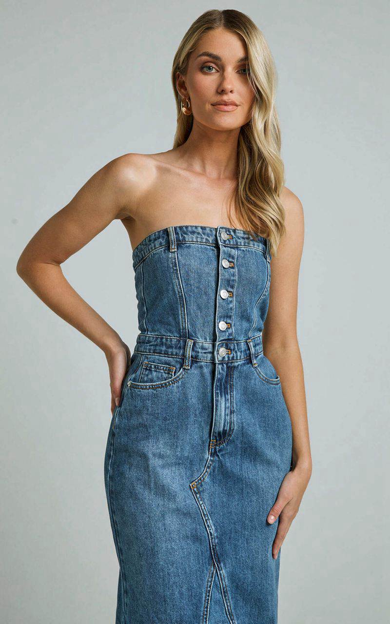 Showpo Keyla Midi Dress - Denim Strapless Button Front Shirred Back Mid Blue Wash | JERGAY845