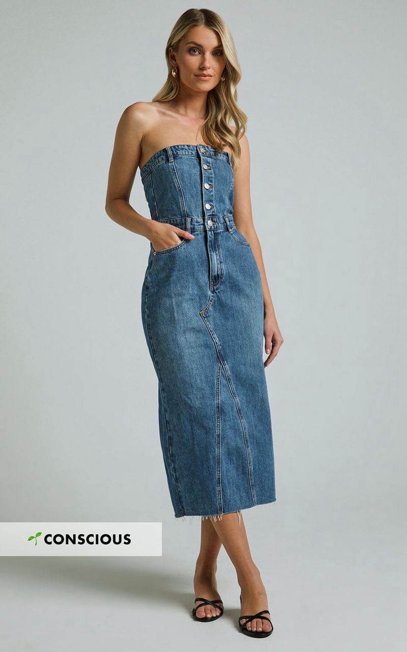 Showpo Keyla Midi Dress - Denim Strapless Button Front Shirred Back Mid Blue Wash | JERGAY845