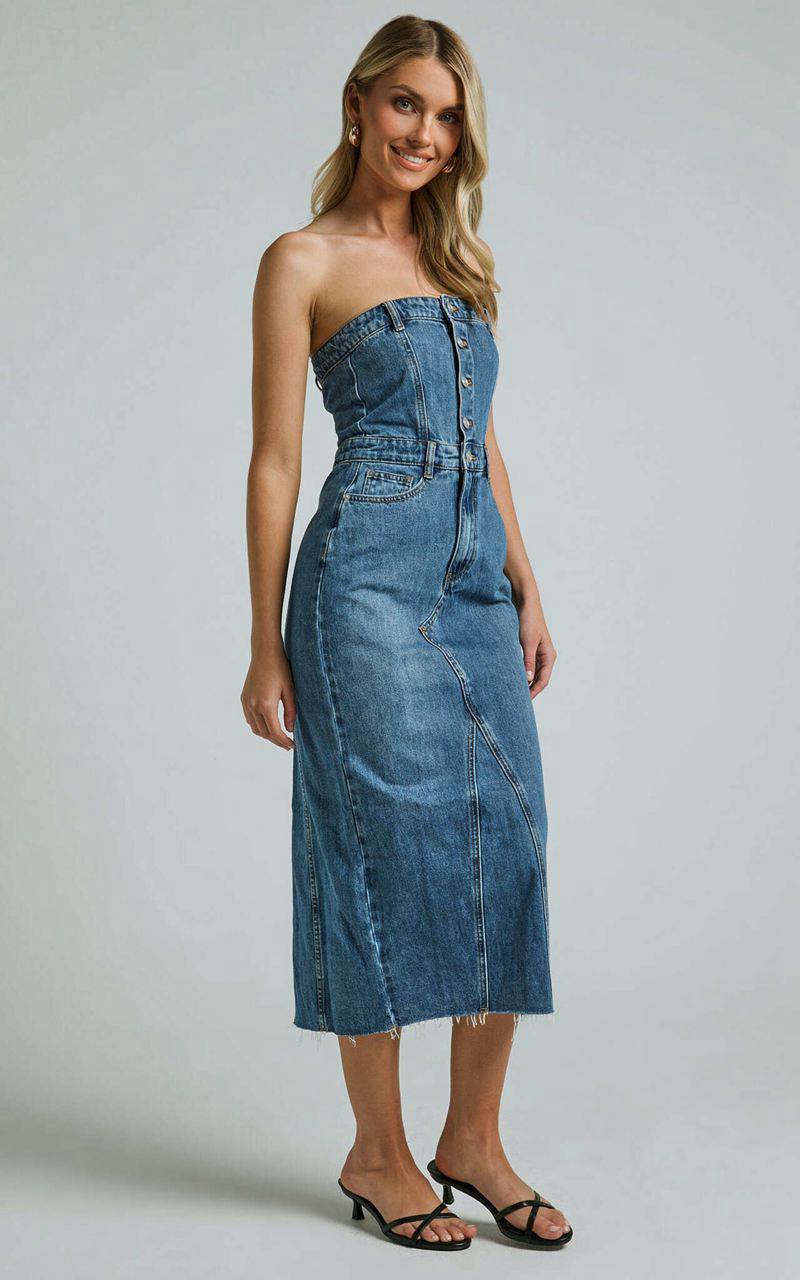 Showpo Keyla Midi Dress - Denim Strapless Button Front Shirred Back Mid Blue Wash | JERGAY845