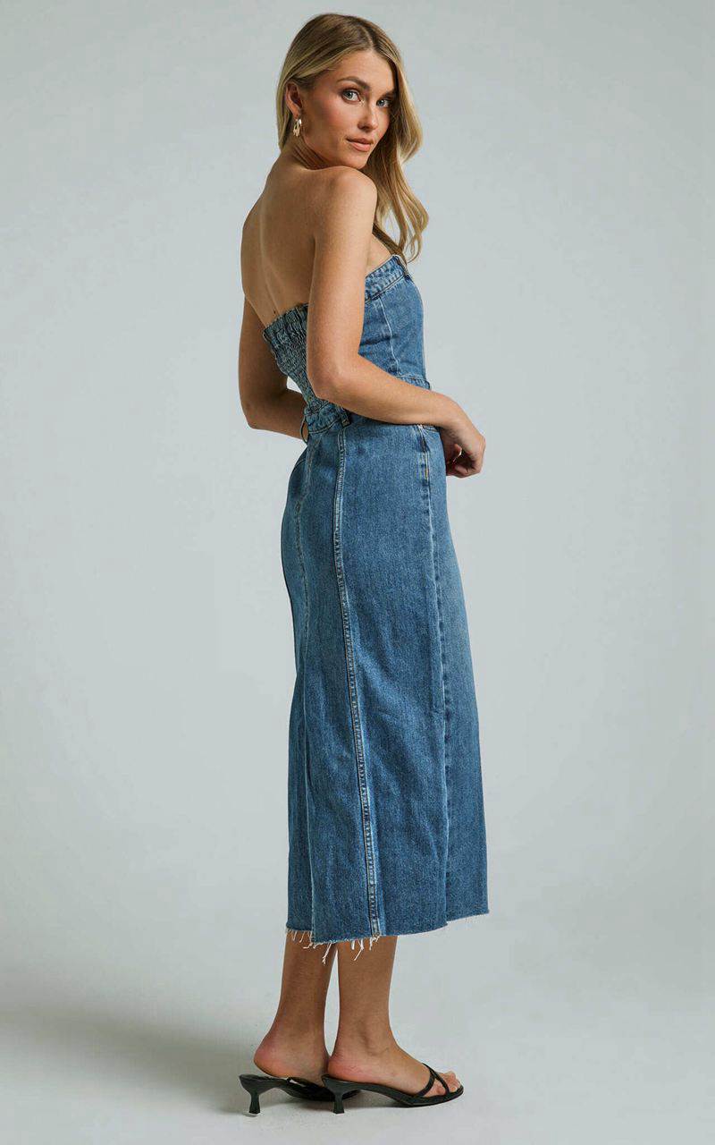 Showpo Keyla Midi Dress - Denim Strapless Button Front Shirred Back Mid Blue Wash | JERGAY845