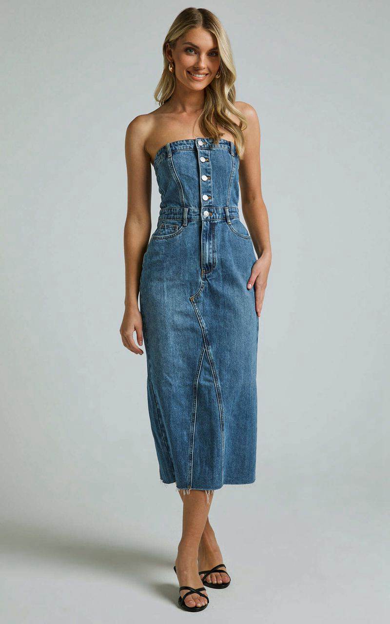 Showpo Keyla Midi Dress - Denim Strapless Button Front Shirred Back Mid Blue Wash | JERGAY845